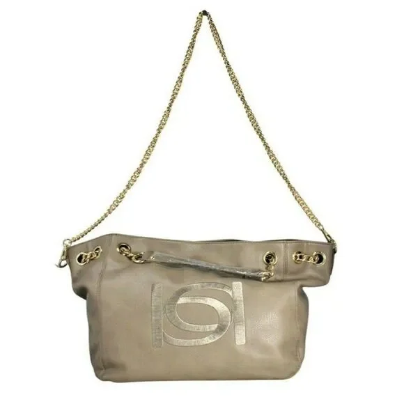 BEBE Tote Shopper Bag Lg Vegan Leather Gold Tone Chain Dark Beige Style Whitney